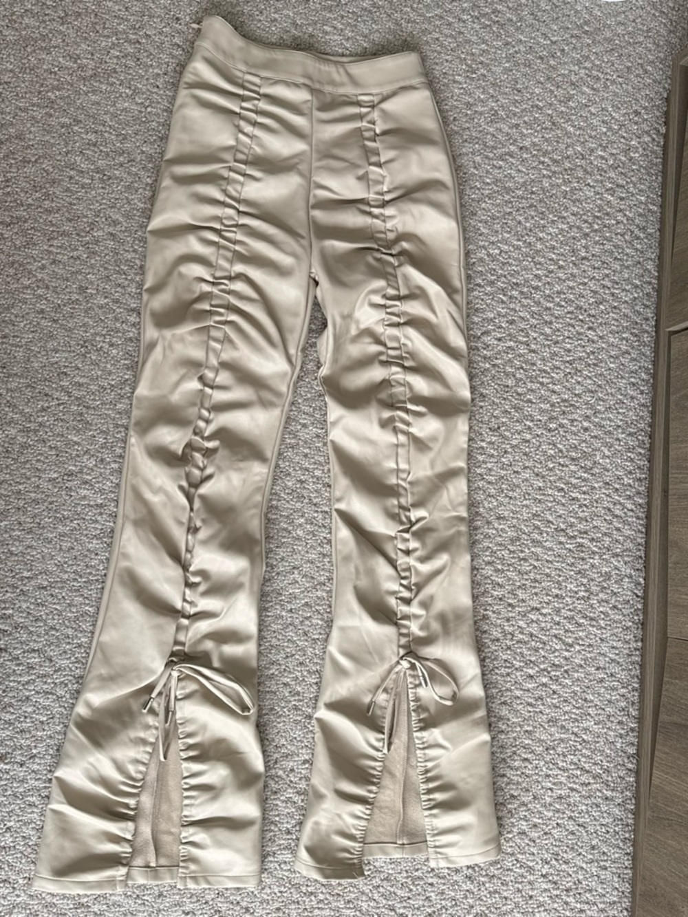 Maniere De Voir Beige Ruched Split Hem Pants